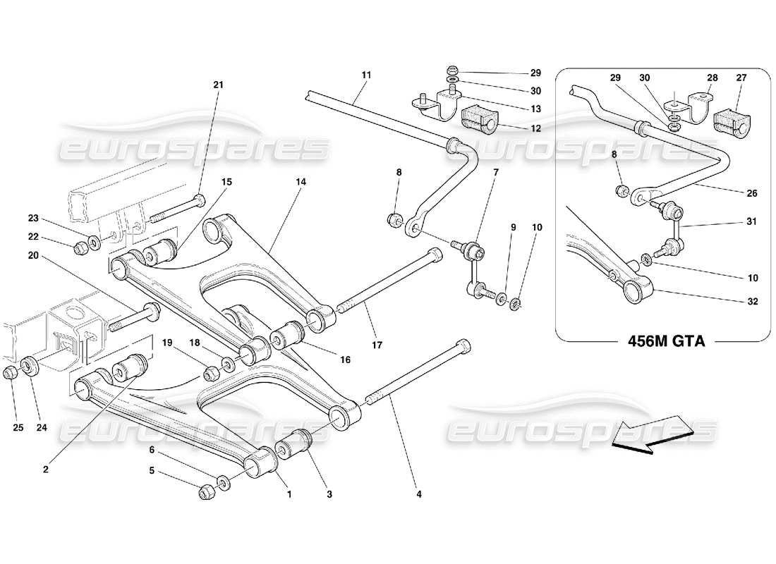 Ferrari 456 M GT/M GTA Rear Suspension - Wishbones and Stabilizer Bar Part Diagram