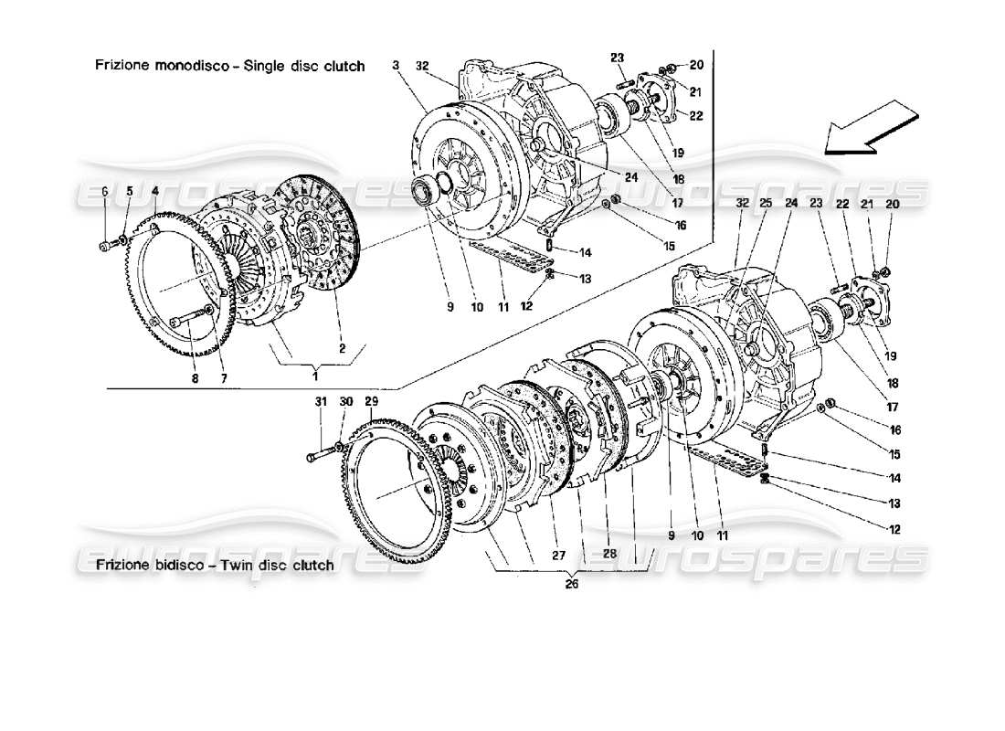 Ferrari Mondial 3.4 t Coupe/Cabrio Single and Double Disc Clutch Parts Diagram