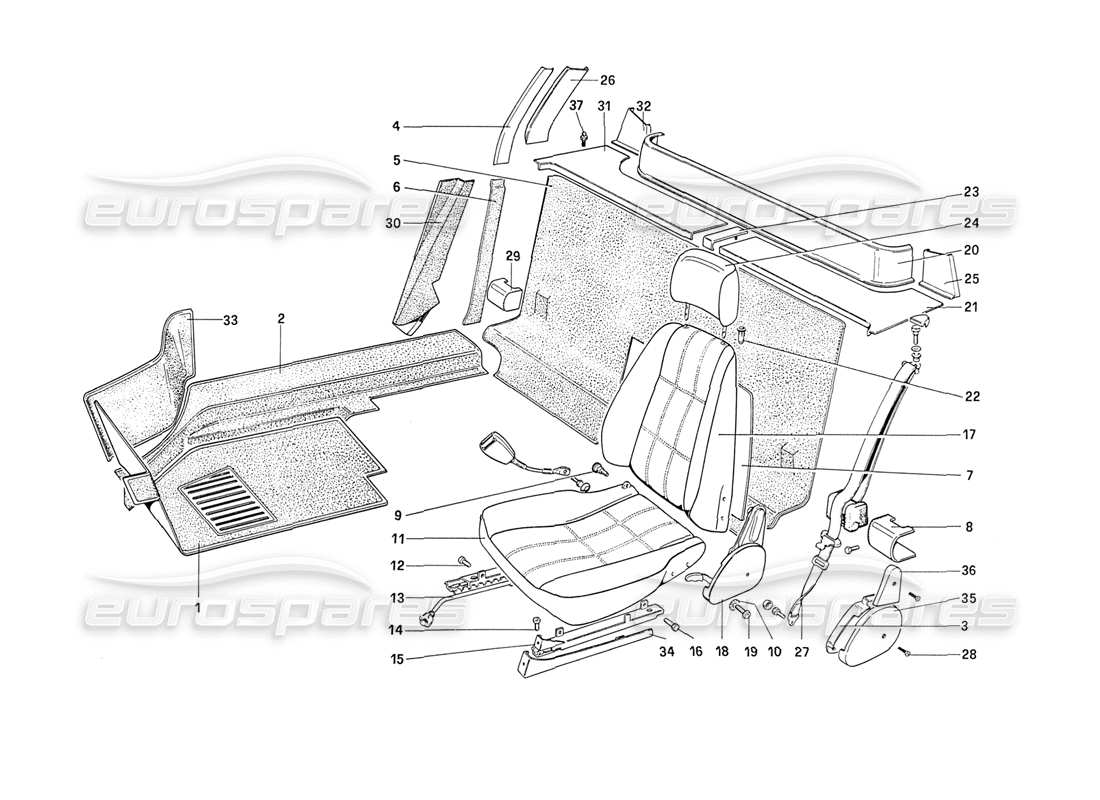 Ferrari 208 Turbo (1989) Interior Trim, Accessories and Seats Parts Diagram