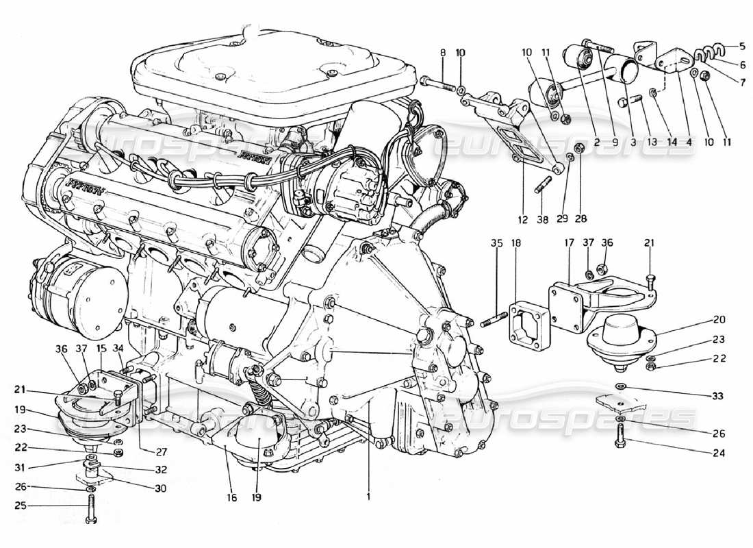 Ferrari 308 GTB (1976) engine - gearbox and supports Parts Diagram
