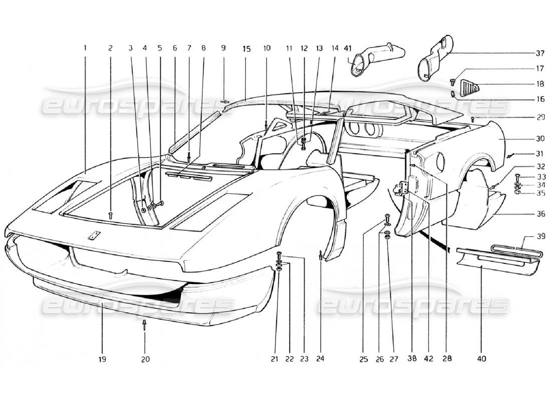 Ferrari 308 GTB (1976) Body Shell - Outer Elements (Valid for RHD - AUS Versions) Part Diagram