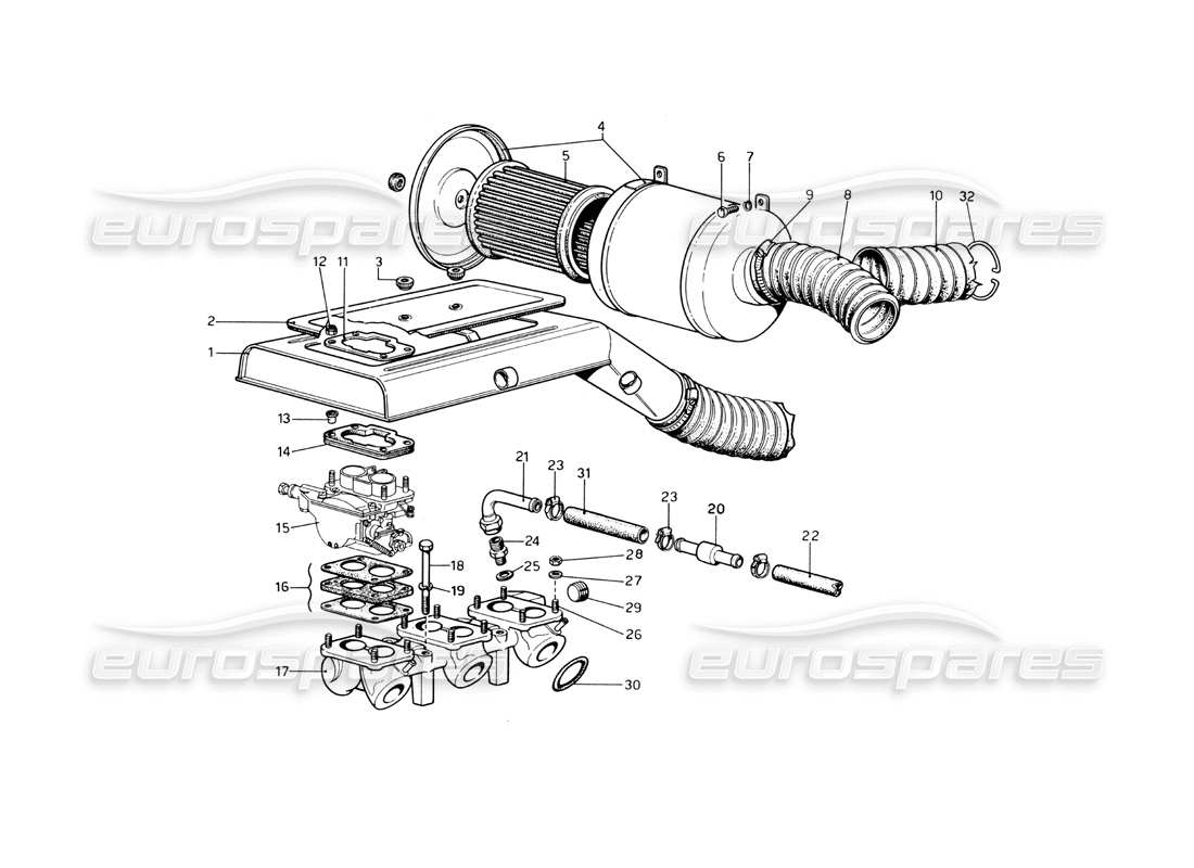 Ferrari 246 Dino (1975) air filter and manifolds Parts Diagram