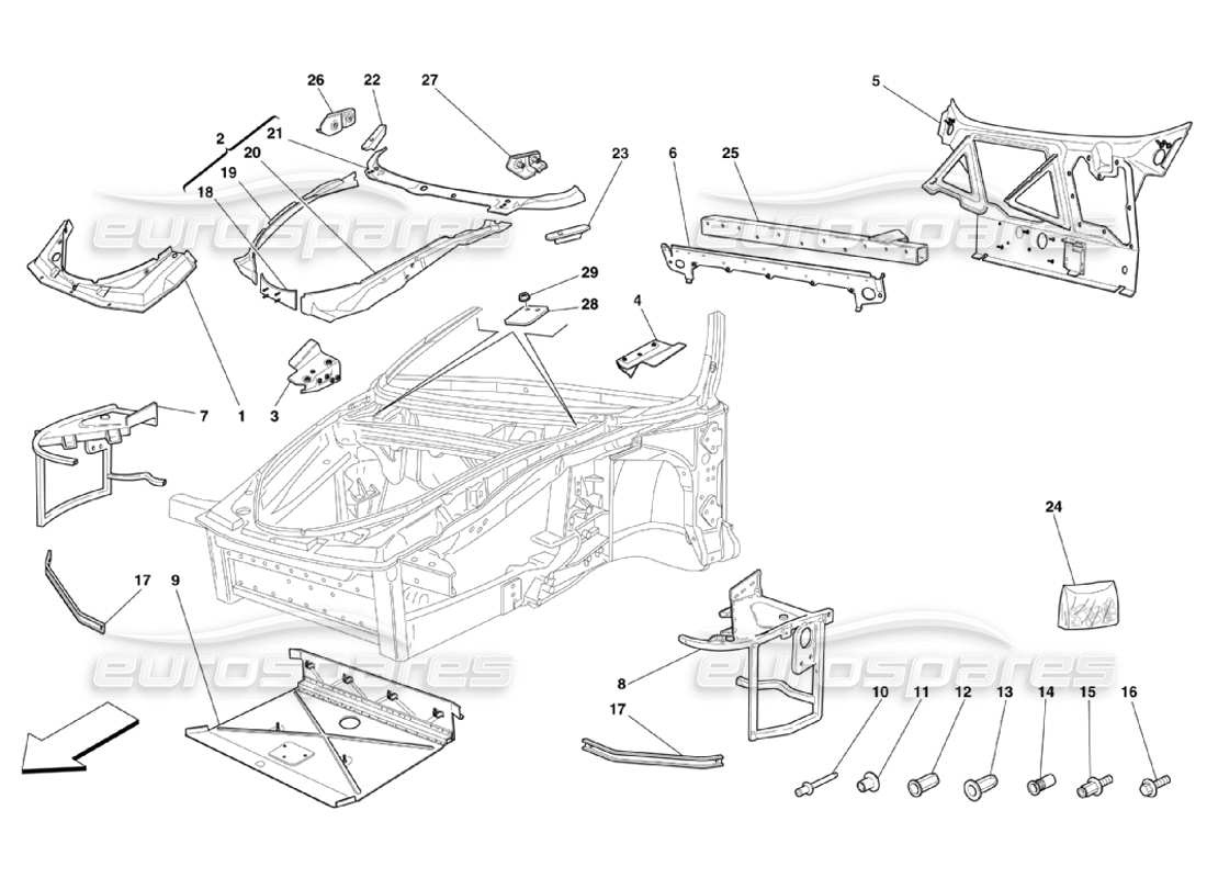 Ferrari 360 Challenge Stradale Frame - Complete Front Part Structures and Plates Parts Diagram