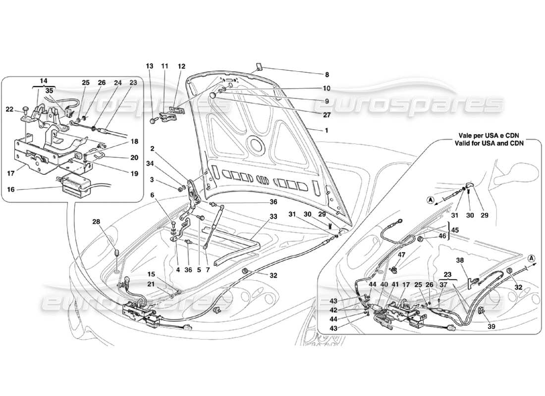 Ferrari 360 Challenge Stradale Front Hood and Opening Device Parts Diagram