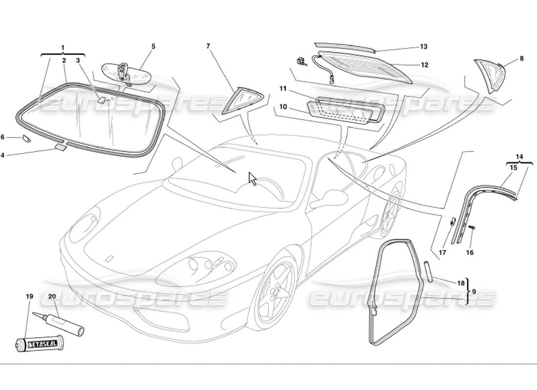 Ferrari 360 Modena Glasses and Gaskets Parts Diagram