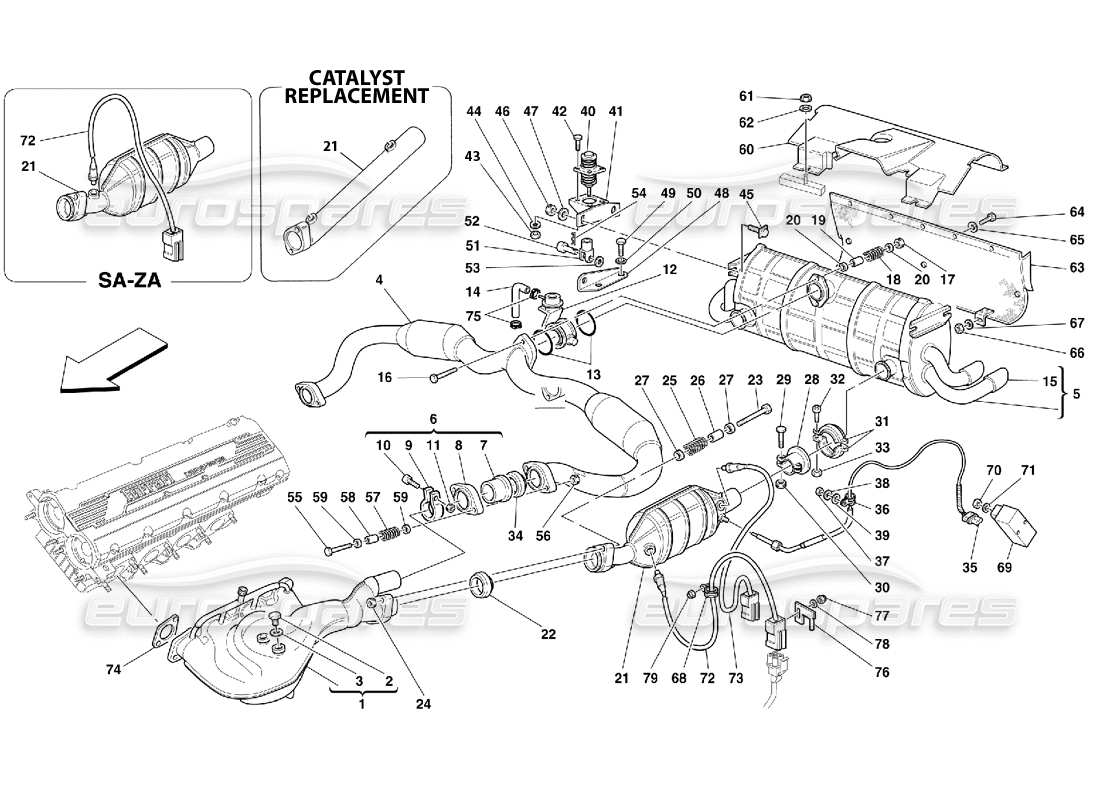 Ferrari 355 (5.2 Motronic) Exhaust System Parts Diagram