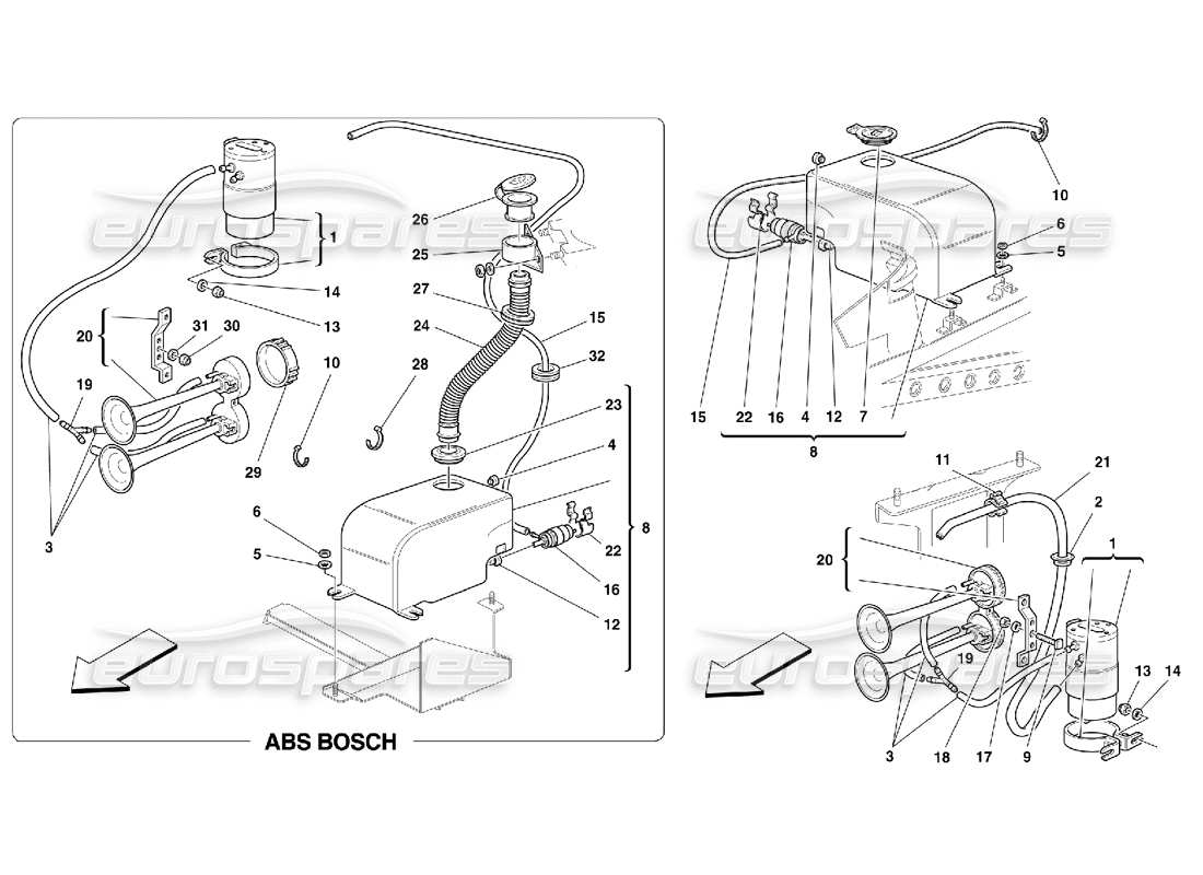 Ferrari 355 (5.2 Motronic) Glass Washer and Horns Part Diagram