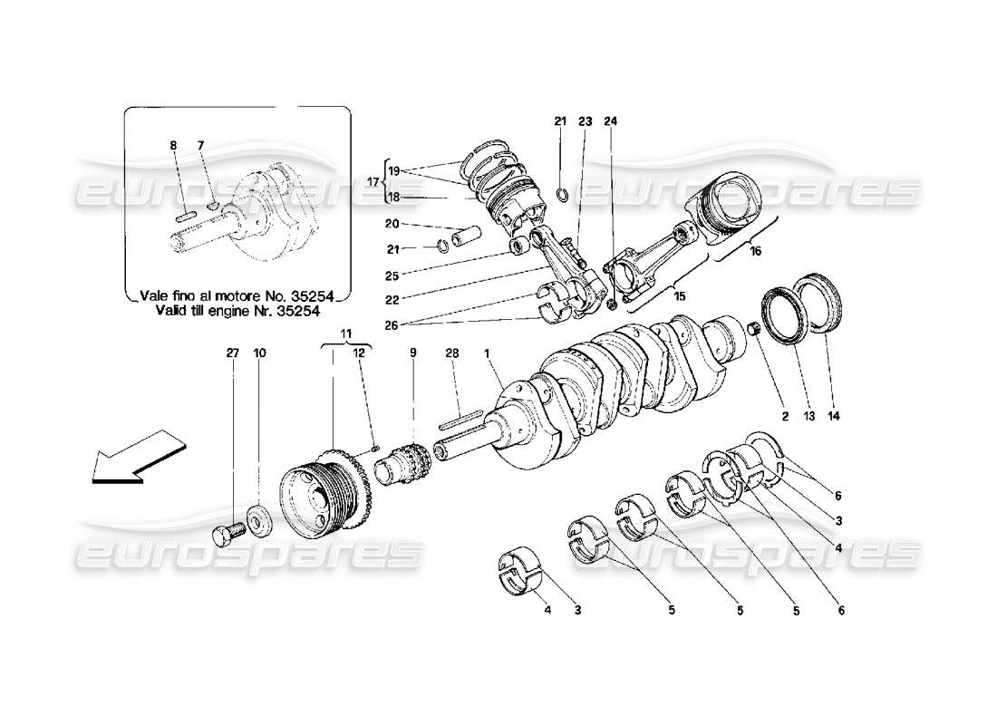 Ferrari 348 (2.7 Motronic) crankshaft, conrods and pistons Parts Diagram