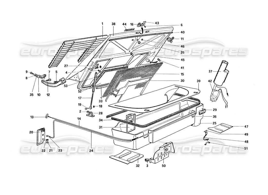 Ferrari 328 (1985) Rear Bonnet and Luggage Compartment Covering Parts Diagram