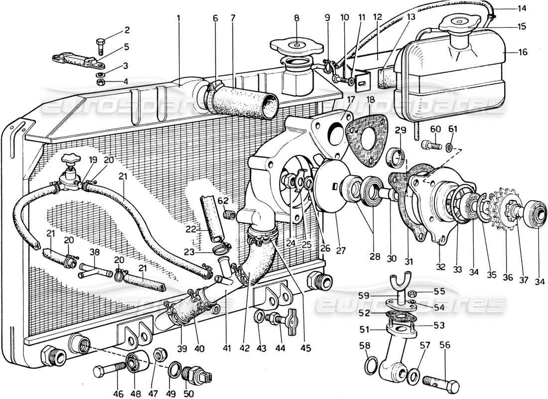 Ferrari 365 GTB4 Daytona (1969) Cooling System - Water Pump & Radiator Parts Diagram