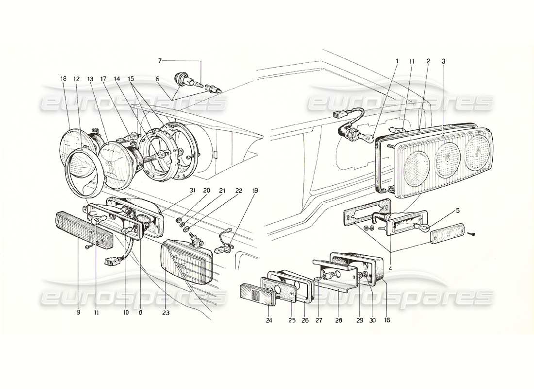 Ferrari 308 GT4 Dino (1976) Lights Parts Diagram