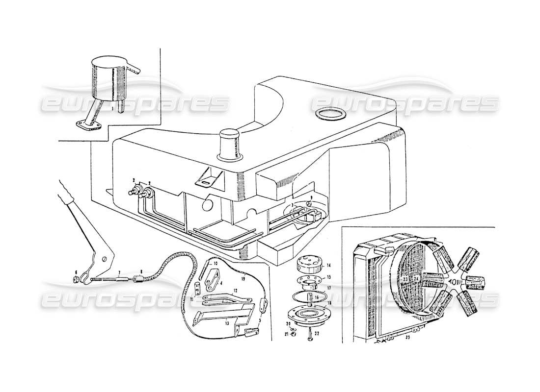 Maserati 3500 GT Fuel Tank, Handbrake, Water Radiator Parts Diagram