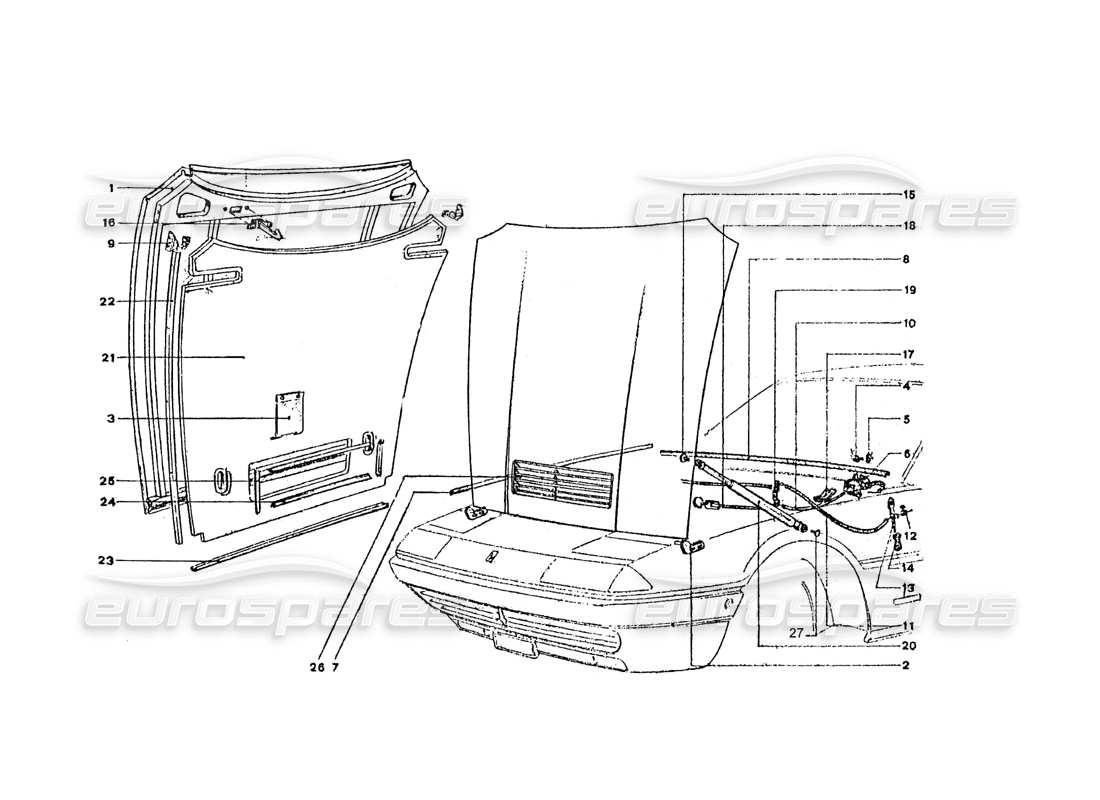 Ferrari 365 GT4 2+2 Coachwork FRONT BONNET Parts Diagram