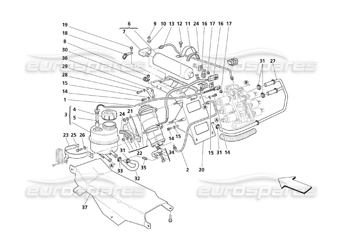 Maserati QTP. (2003) 4.2 Gearbox Control Hydraulics: Tank And Pump Parts Diagram