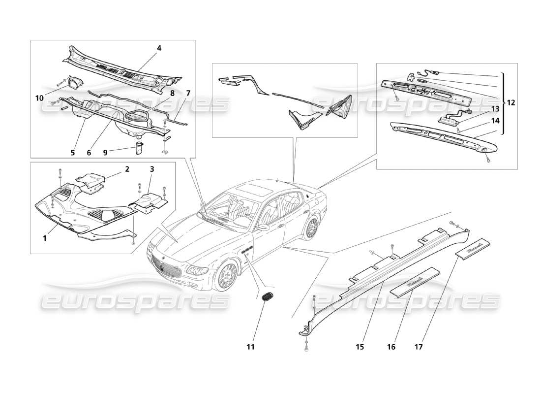 Maserati QTP. (2003) 4.2 Shields, Mouldings And Covers Part Diagram