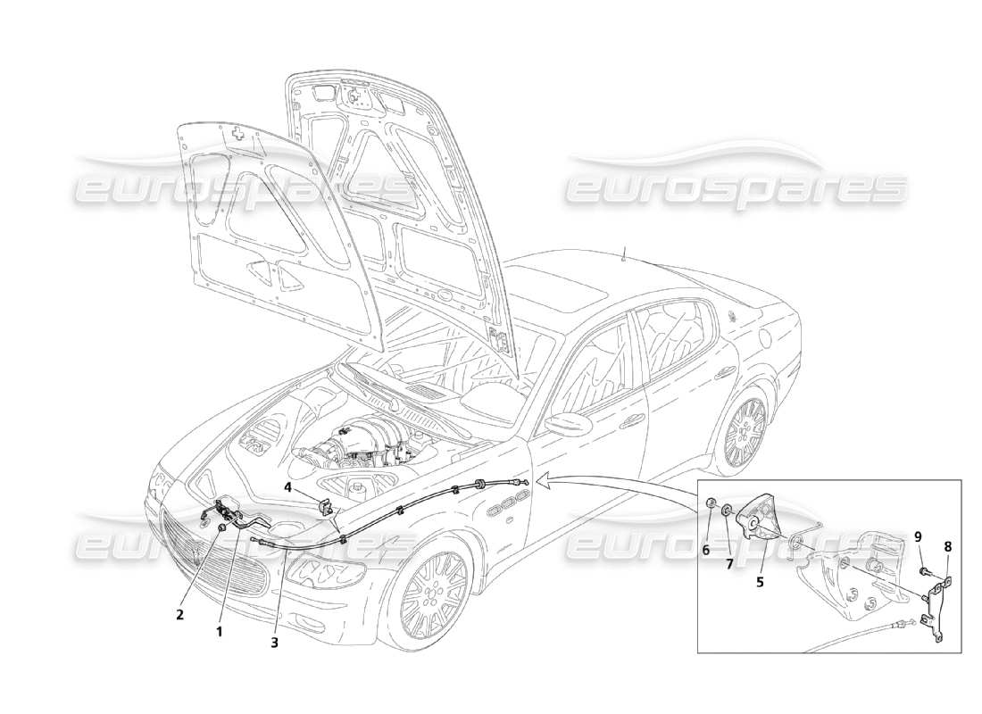 Maserati QTP. (2003) 4.2 Front Hood Opening Device Part Diagram