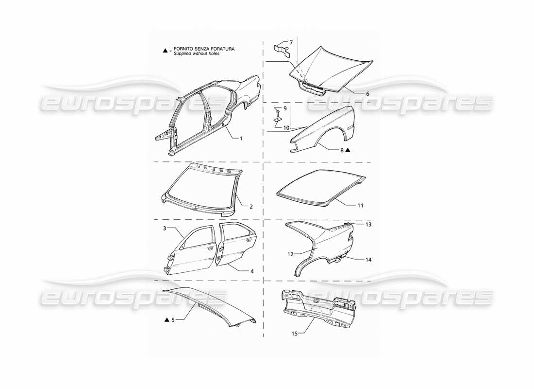 Maserati QTP V8 (1998) Body Shell: Outer Panels (LHD) Part Diagram