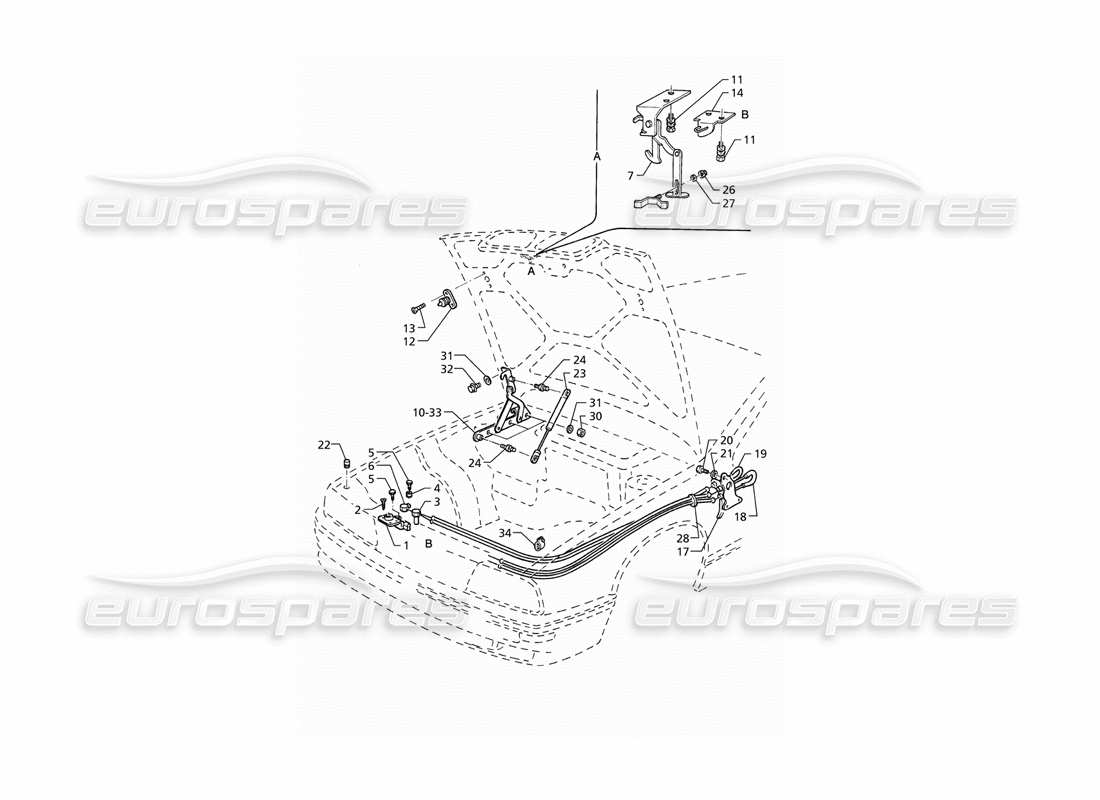 Maserati QTP V8 (1998) Bonnet: Hinges and Bonnet Release Part Diagram