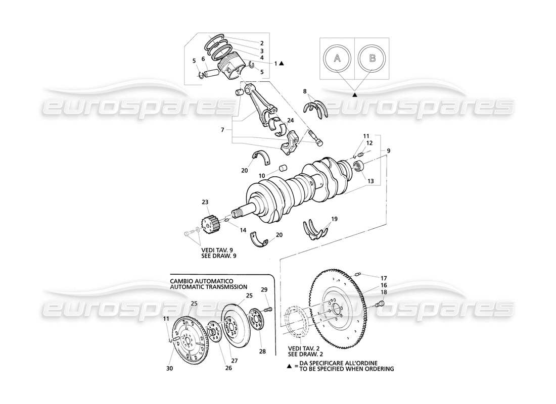 Maserati QTP V8 Evoluzione Crankshaft, Pistons, Conrods & Flywheel Parts Diagram