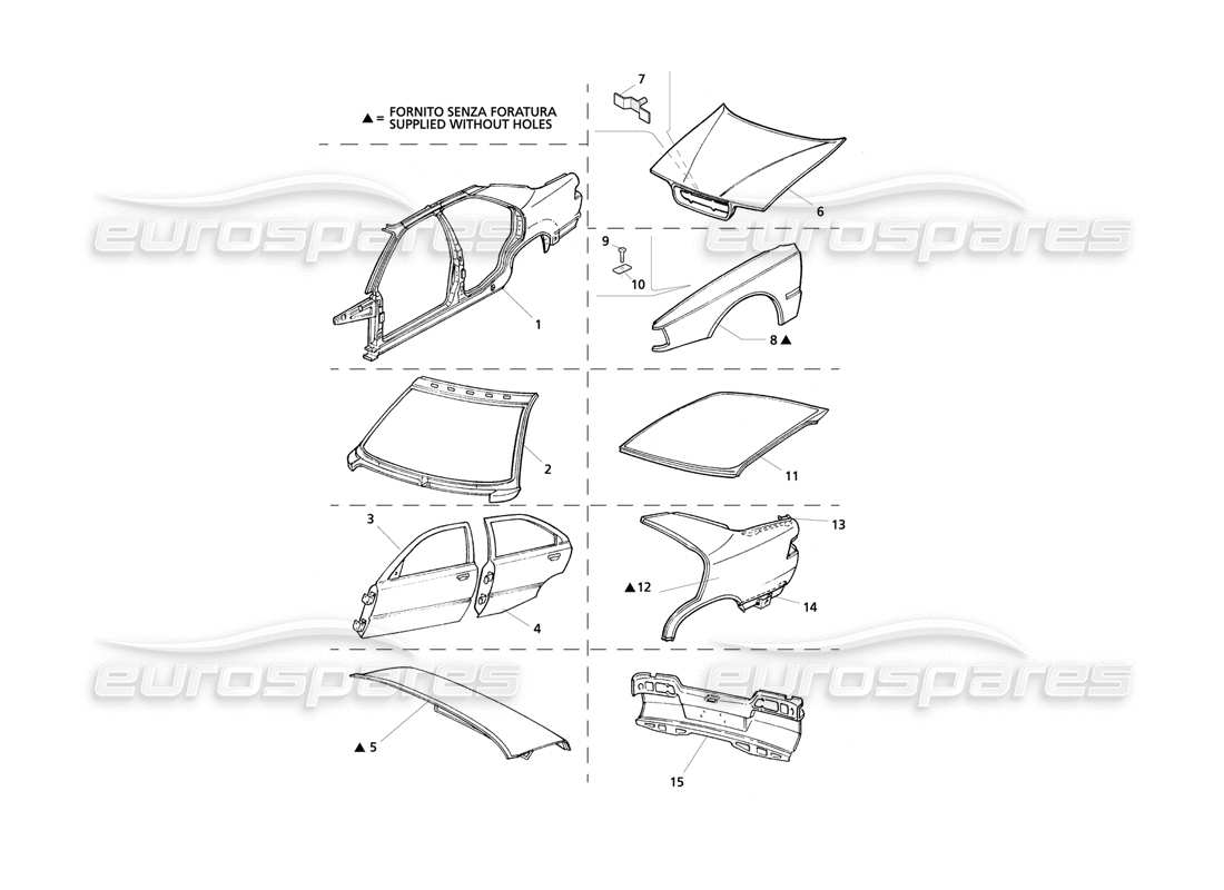 Maserati QTP V8 Evoluzione Body Shell: Front Panel and Innder Wheelarches Parts Diagram