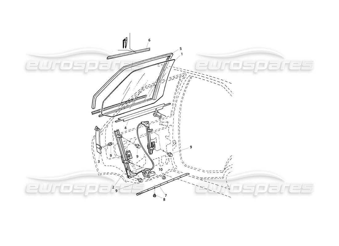 Maserati QTP V8 Evoluzione Rear Doors: Windows and Regulators Parts Diagram