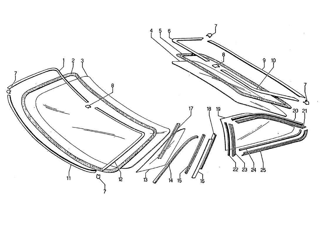 Lamborghini Jarama Side and rear windshield glasses Parts Diagram