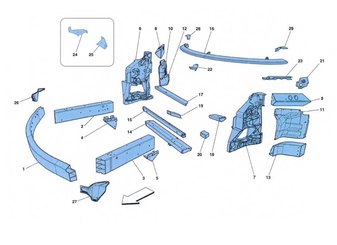 Ferrari 458 Challenge Structure of front part elements and sheet metal Parts Diagram