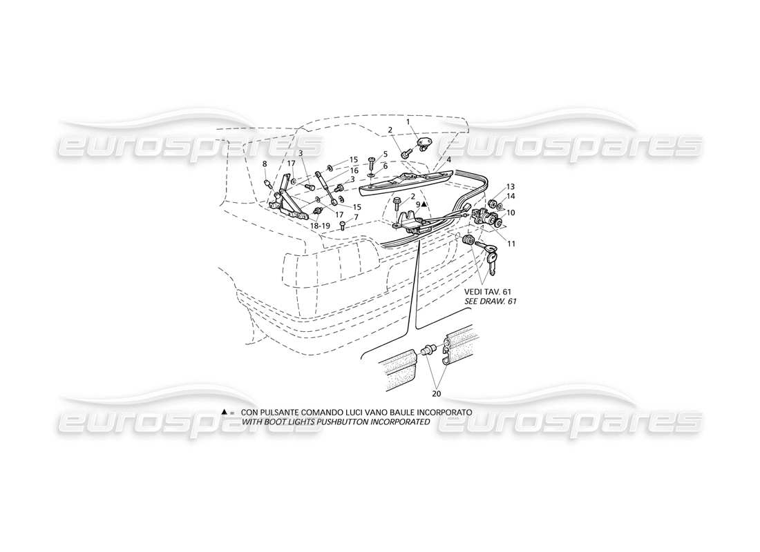 Maserati QTP V6 Evoluzione Boot Lid: Hinges, Boot Lid Release Part Diagram