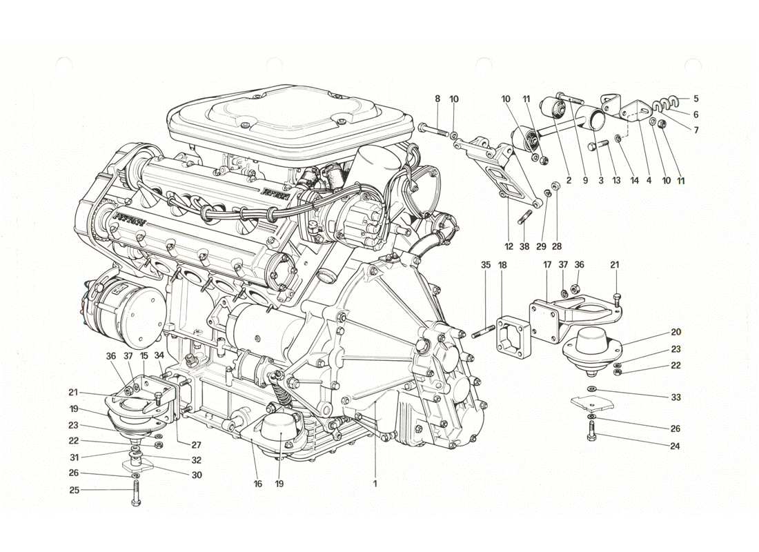 Ferrari 208 GTB GTS engine - gearbox and supports Part Diagram