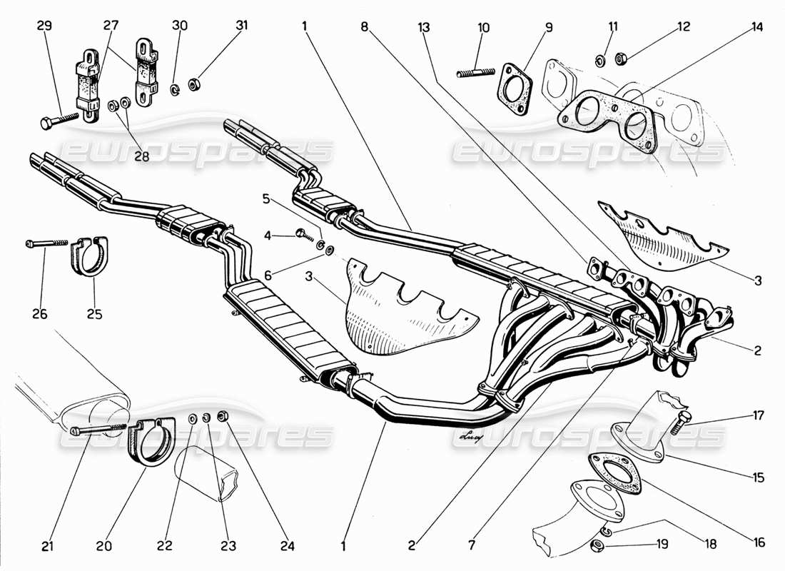 Ferrari 330 GT 2+2 Exhaust Manifolds, Silencers & Extensions Parts Diagram