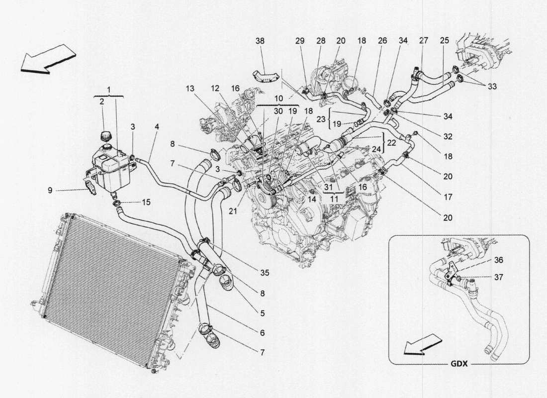Maserati QTP. V6 3.0 TDS 275bhp 2017 cooling system: nourice and lines Parts Diagram