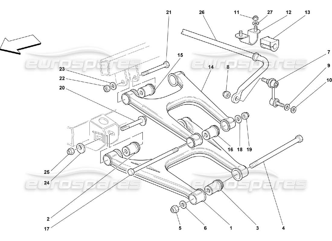 Ferrari 550 Maranello Rear Suspension - Wishbones and Stabilizer Bar Part Diagram
