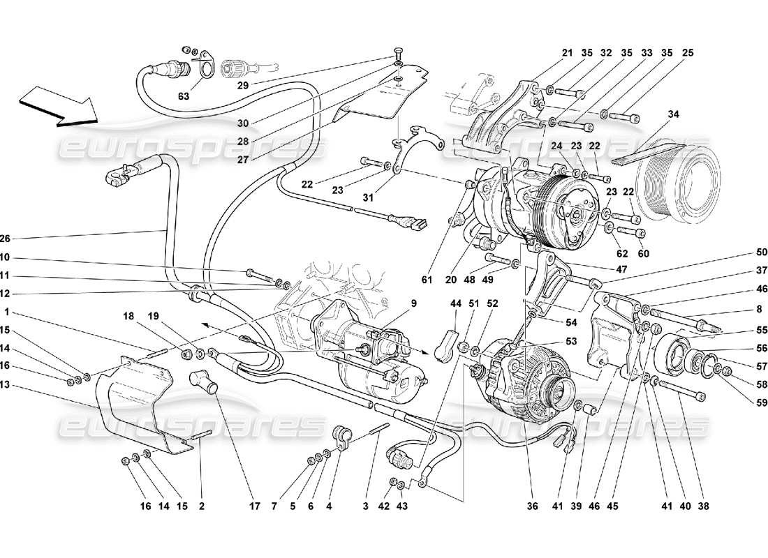 Ferrari 550 Maranello Alternator Starting Motor and A.C. Compressor Parts Diagram
