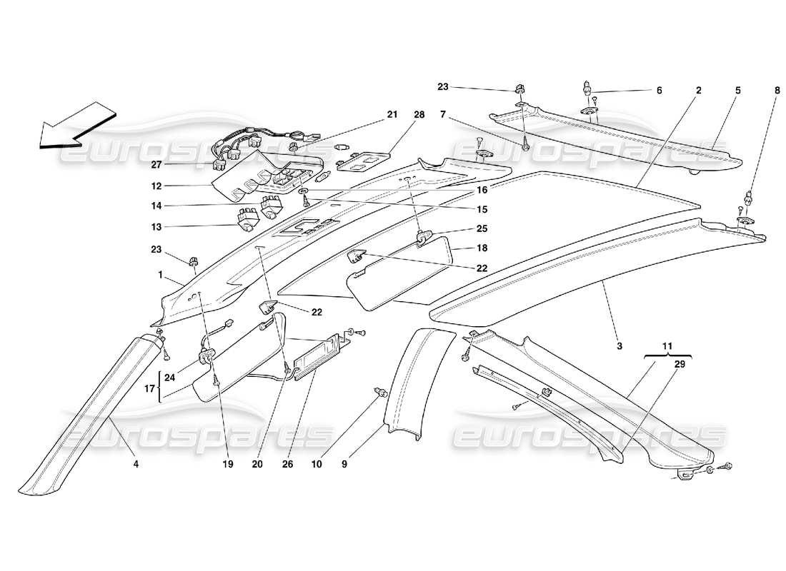 Ferrari 550 Maranello Roof Panel Upholstery and Accessories Parts Diagram