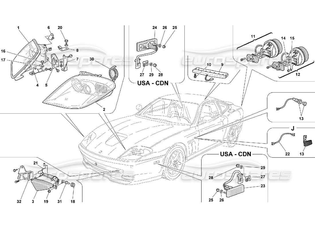 Ferrari 550 Maranello Front and Rear Lights Parts Diagram