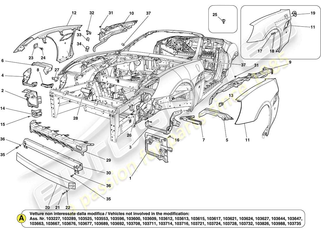 Ferrari California (Europe) front bodyshell and external trim Part Diagram