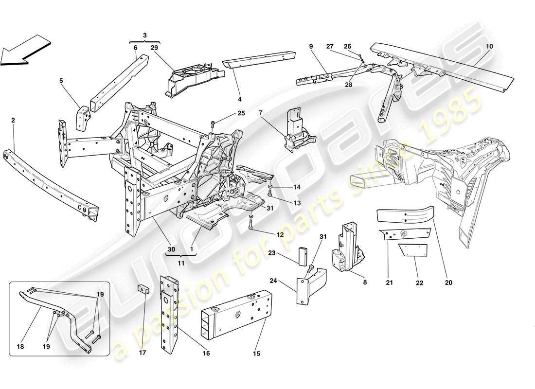 Ferrari California (Europe) front structures and chassis box sections Parts Diagram