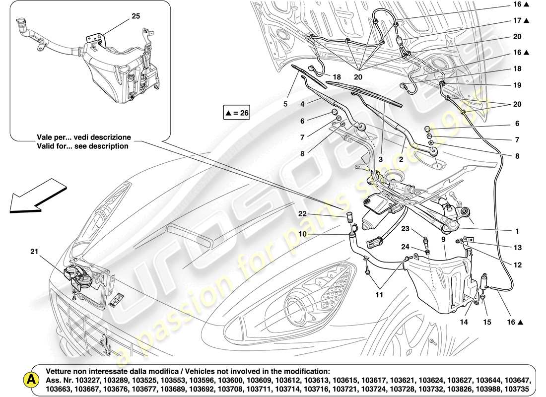 Ferrari California (Europe) Windscreen Wiper, Windscreen Washer and Horns Part Diagram