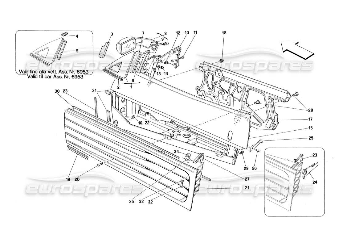 Ferrari 348 (1993) TB / TS Doors - Framework and Rear Mirror Parts Diagram