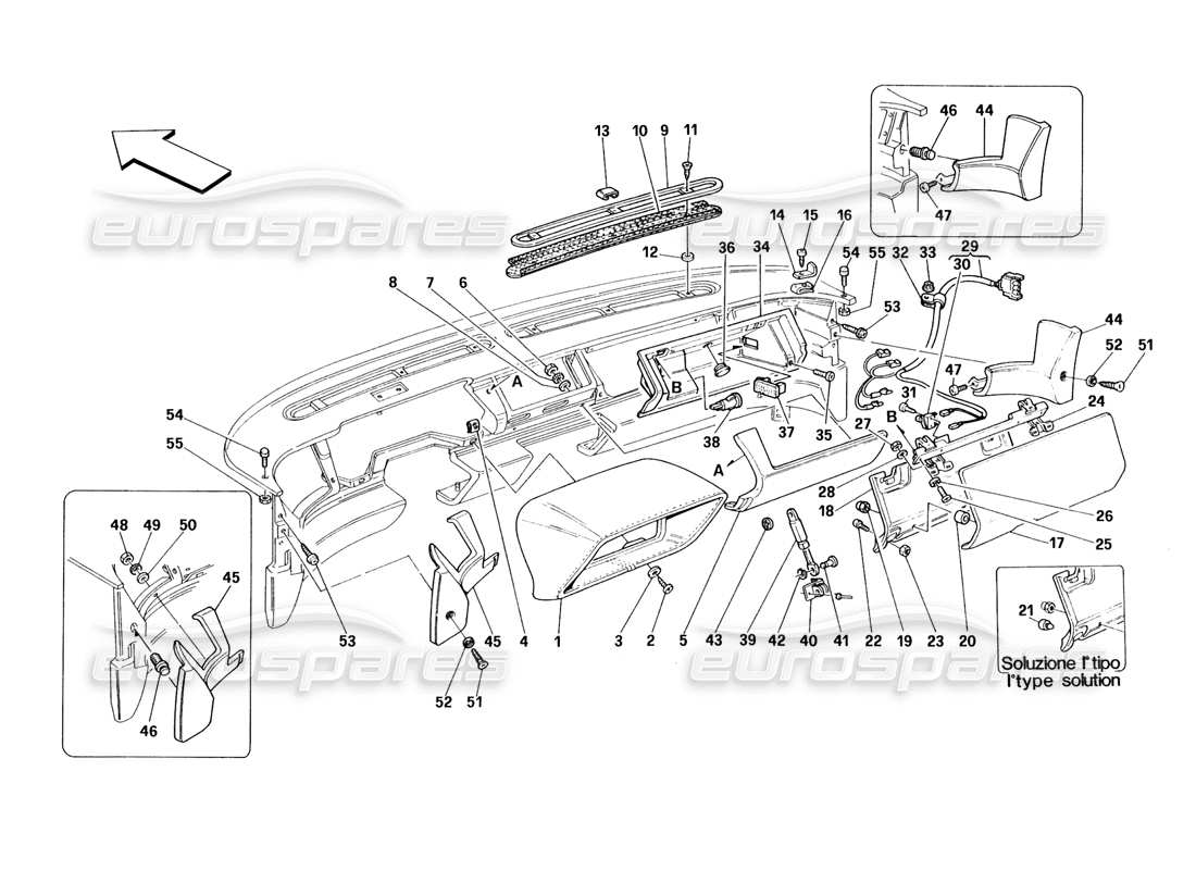 Ferrari 348 (1993) TB / TS dashboard - trim and accessories Parts Diagram