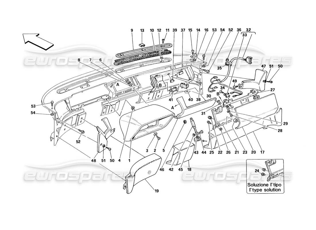 Ferrari 348 (1993) TB / TS dashboard - trim and accessories Parts Diagram