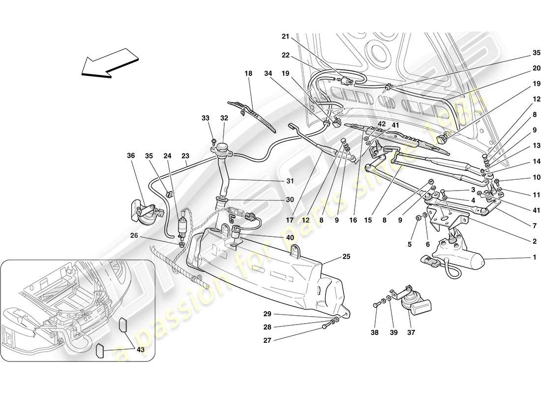 Ferrari F430 Coupe (RHD) Windscreen Wiper, Windscreen Washer and Horns Parts Diagram