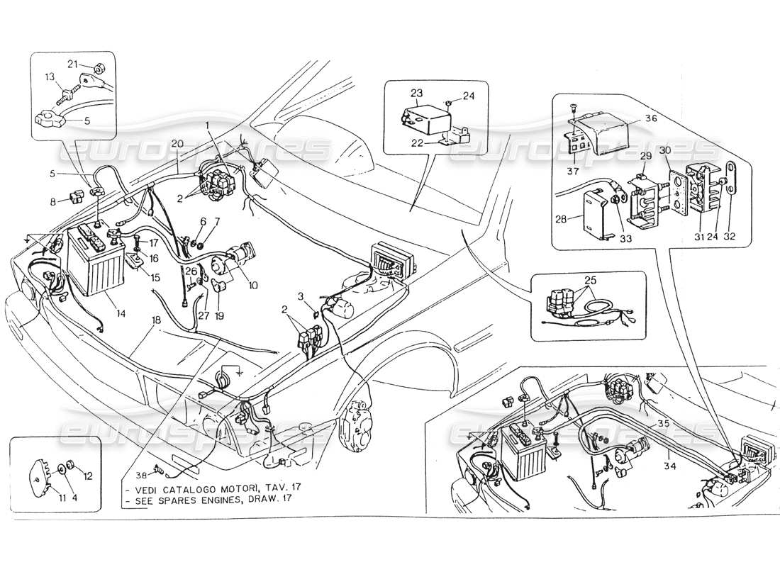 Maserati 418 / 4.24v / 430 Engine Compart. Electr. System,RH Steer. Part Diagram