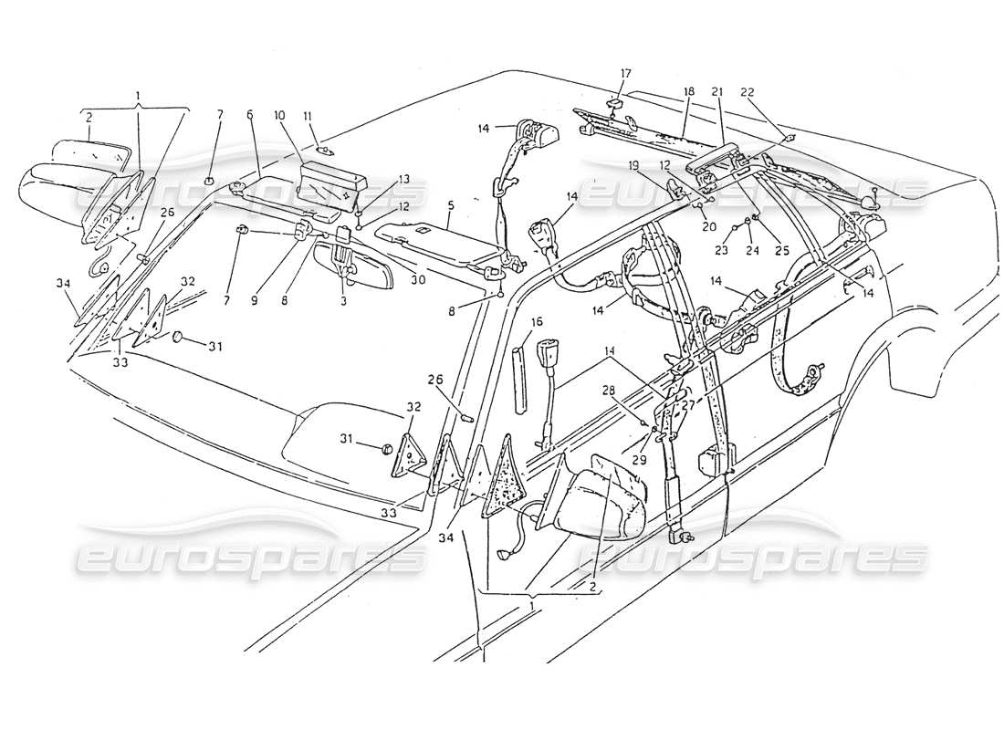 Maserati 418 / 4.24v / 430 Safety Belts, Rear View Mirror, Sun Visor Part Diagram