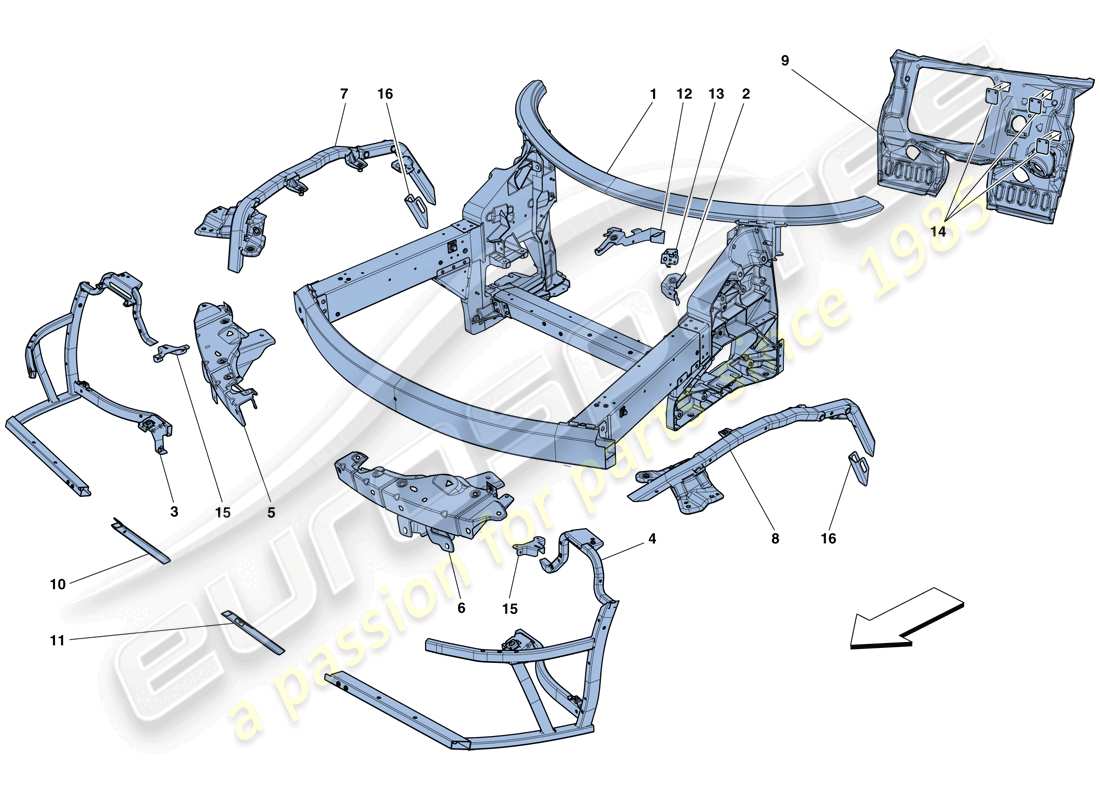 Ferrari 458 Speciale Aperta (Europe) CHASSIS - COMPLETE FRONT STRUCTURE AND PANELS Parts Diagram