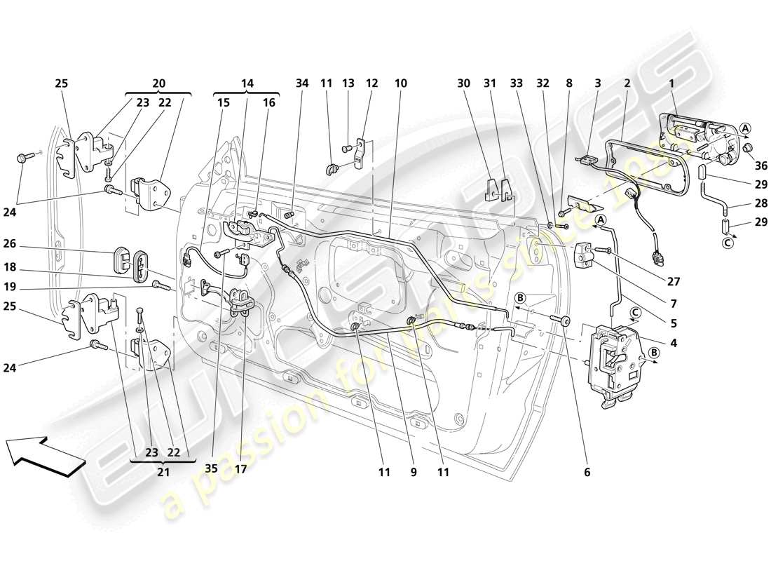 Maserati Trofeo Doors - Opening Control and Hinges Part Diagram