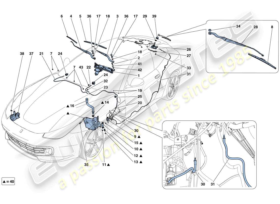 Ferrari GTC4 Lusso T (EUROPE) Windscreen Wiper, Windscreen Washer and Horns Parts Diagram