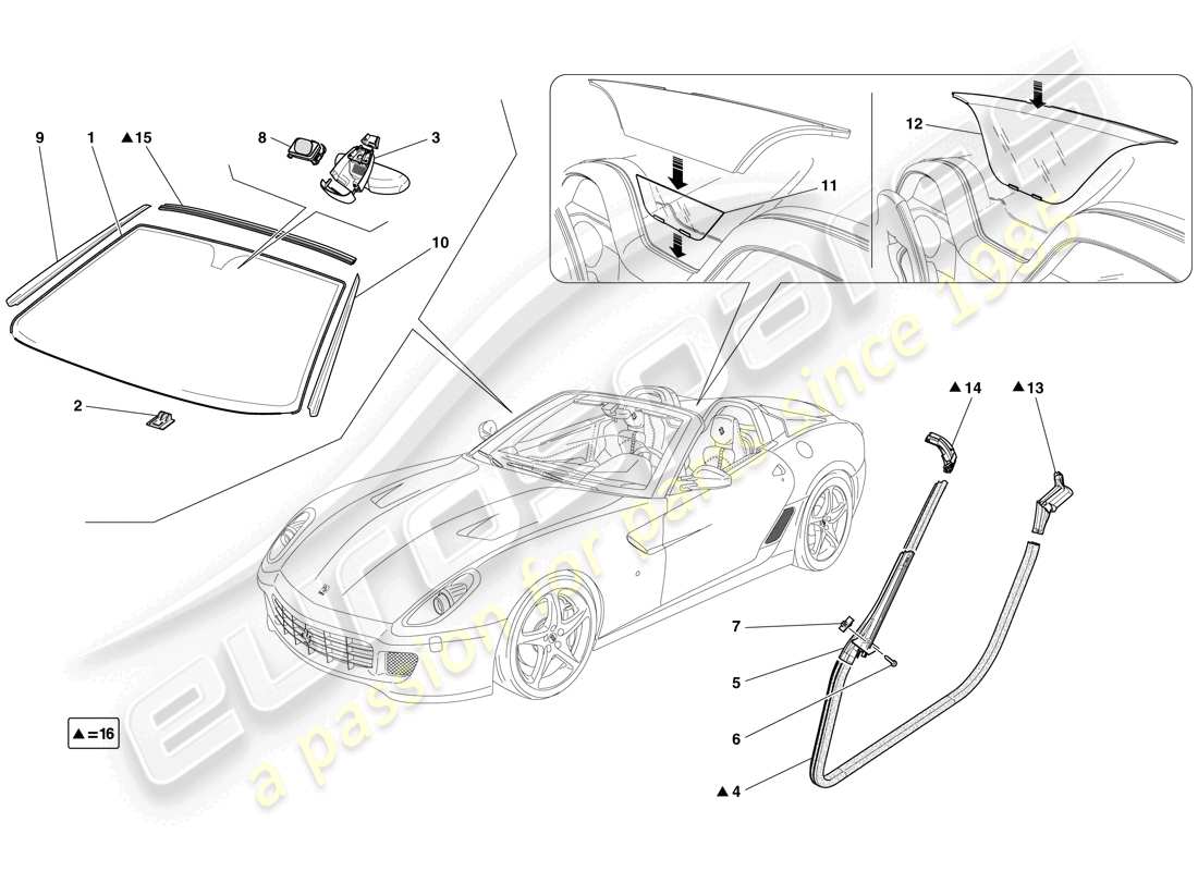 Ferrari 599 SA Aperta (RHD) SCREENS, WINDOWS AND SEALS Part Diagram