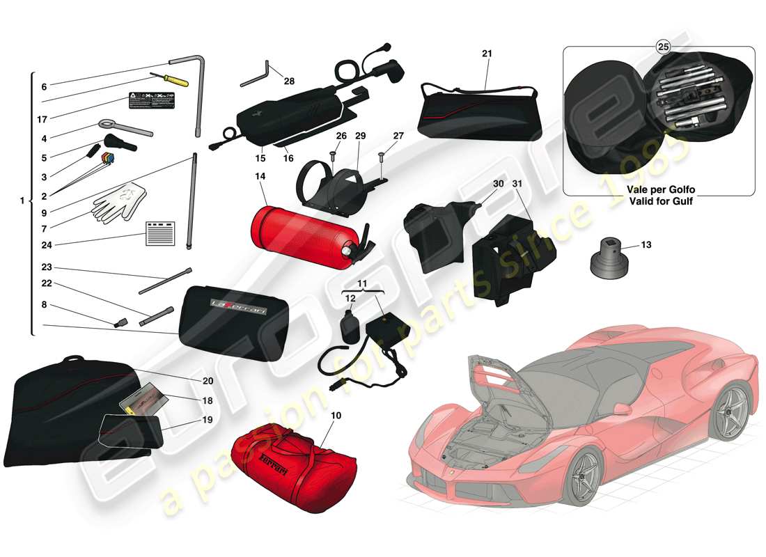 Ferrari LaFerrari (Europe) FRONT COMPARTMENT AND TOOLS SUPPLIED WITH VEHICLE Parts Diagram