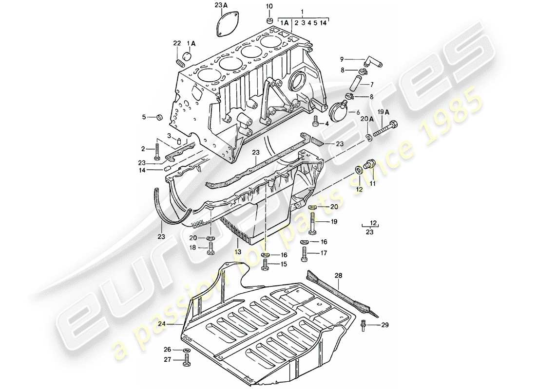 Porsche 924 (1985) CYLINDER BLOCK - WITH PISTONS - OIL PAN - PROTECTIVE PLATE F. ENGINE Part Diagram